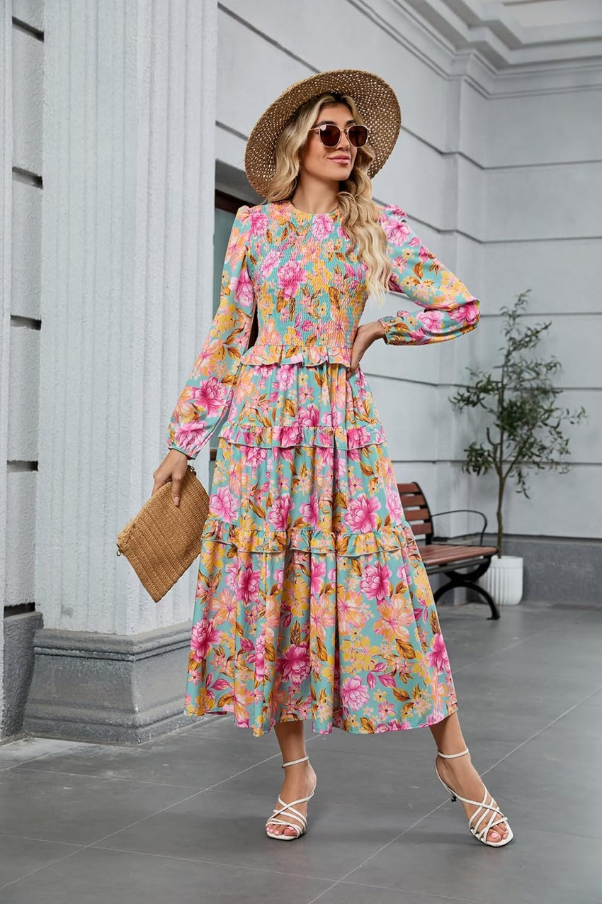 ZAFUL Womens Fall Floral Smocked Maxi Dress Long Puff Sleeve Bohemian Dresses Flowy Tiered Ruffle Wedding Guest Dress - 7DAY'S