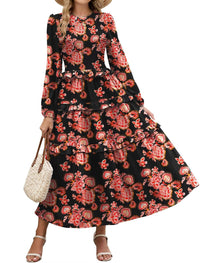 ZAFUL Womens Fall Floral Smocked Maxi Dress Long Puff Sleeve Bohemian Dresses Flowy Tiered Ruffle Wedding Guest Dress - 7DAY'S