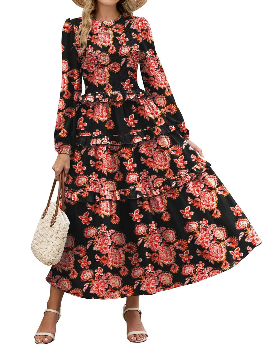 ZAFUL Womens Fall Floral Smocked Maxi Dress Long Puff Sleeve Bohemian Dresses Flowy Tiered Ruffle Wedding Guest Dress - 7DAY'S