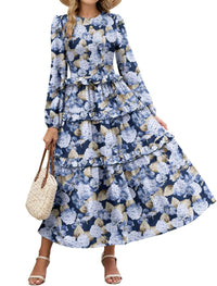 ZAFUL Womens Fall Floral Smocked Maxi Dress Long Puff Sleeve Bohemian Dresses Flowy Tiered Ruffle Wedding Guest Dress - 7DAY'S