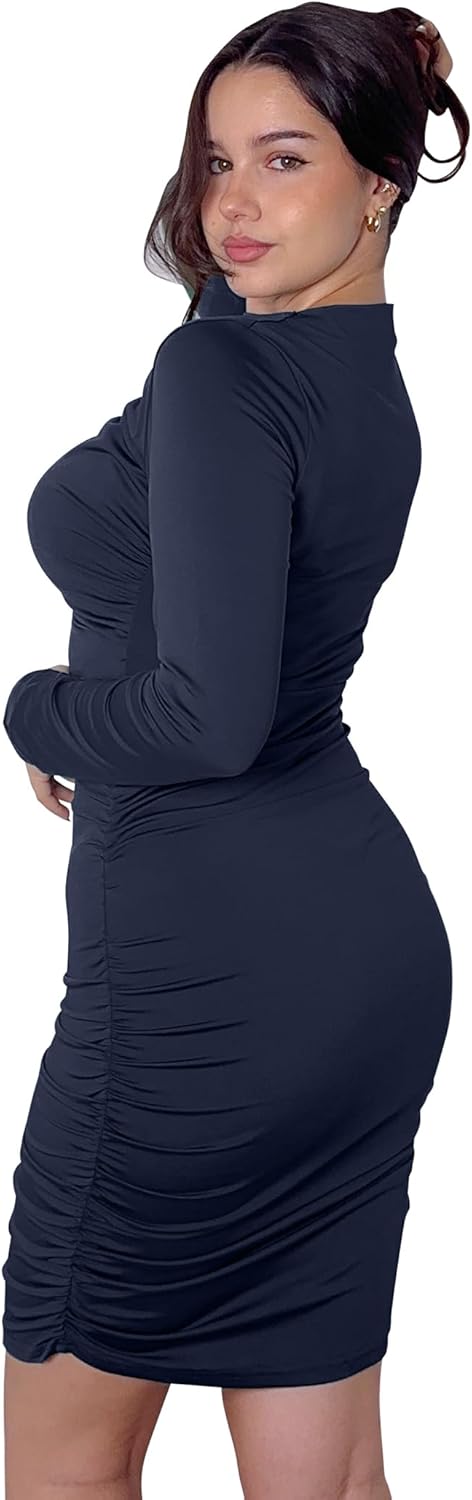 ZAFUL Womens Fall Long Sleeve Mini Dress Ruched Bodycon Dress Boat Neck Cocktail Party Club Short Tight Basic Dresses - 7DAY'S