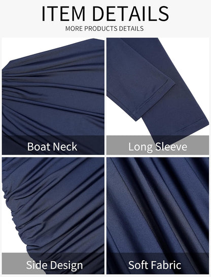 ZAFUL Womens Fall Long Sleeve Mini Dress Ruched Bodycon Dress Boat Neck Cocktail Party Club Short Tight Basic Dresses - 7DAY'S