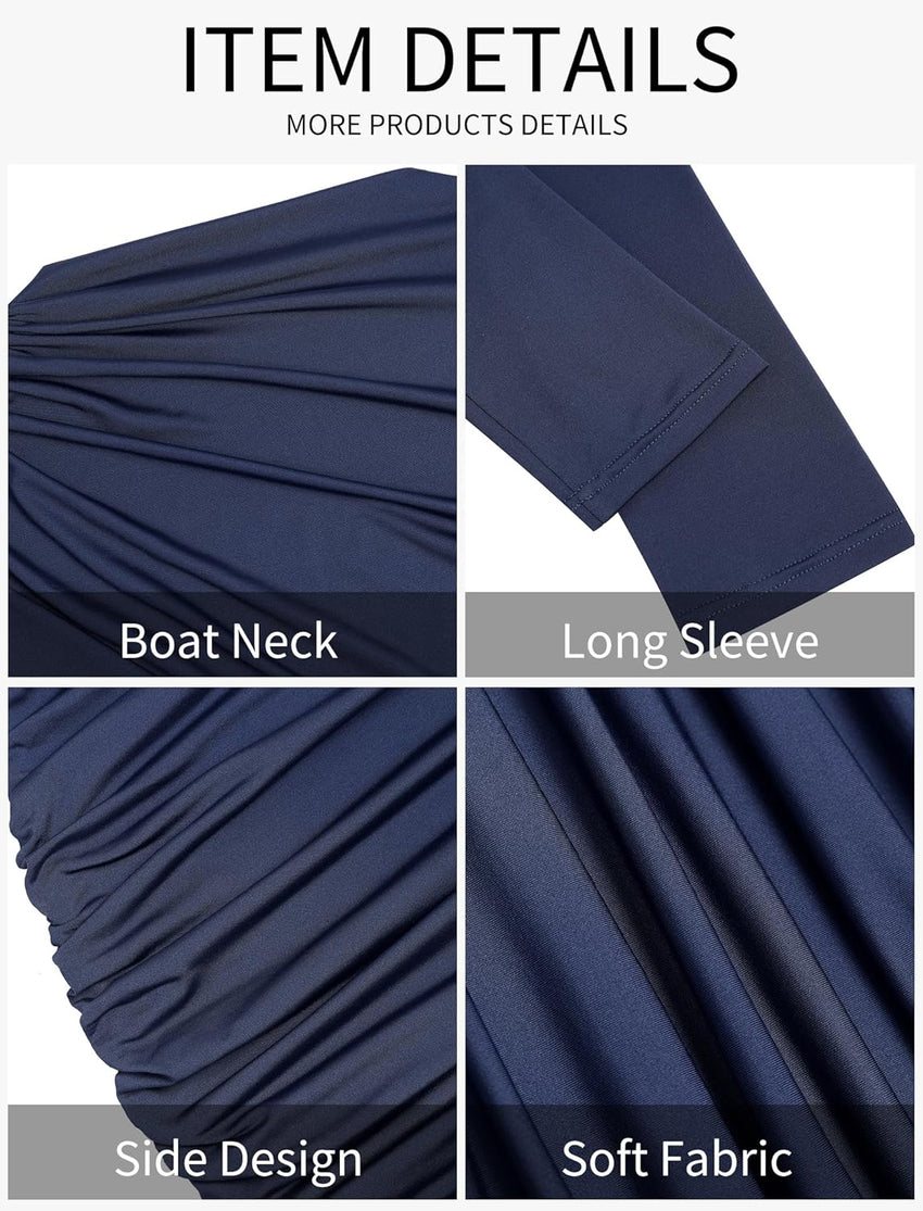 ZAFUL Womens Fall Long Sleeve Mini Dress Ruched Bodycon Dress Boat Neck Cocktail Party Club Short Tight Basic Dresses - 7DAY'S