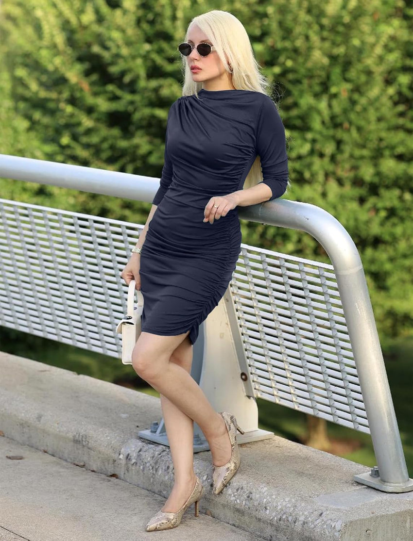 ZAFUL Womens Fall Long Sleeve Mini Dress Ruched Bodycon Dress Boat Neck Cocktail Party Club Short Tight Basic Dresses - 7DAY'S
