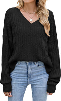 ZAFUL Womens Fall Oversized Sweaters Lightweight 2025 Cable Knit V Neck Long Sleeve Casual Loose Winter Pullover Sweater Tops Black X - Large - 7DAY'S