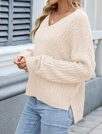 ZAFUL Womens Fall Oversized Sweaters Lightweight 2025 Cable Knit V Neck Long Sleeve Casual Loose Winter Pullover Sweater Tops White X - Large - 7DAY'S
