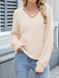 ZAFUL Womens Fall Oversized Sweaters Lightweight 2025 Cable Knit V Neck Long Sleeve Casual Loose Winter Pullover Sweater Tops White X - Large - 7DAY'S