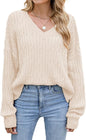 ZAFUL Womens Fall Oversized Sweaters Lightweight 2025 Cable Knit V Neck Long Sleeve Casual Loose Winter Pullover Sweater Tops White X - Large - 7DAY'S