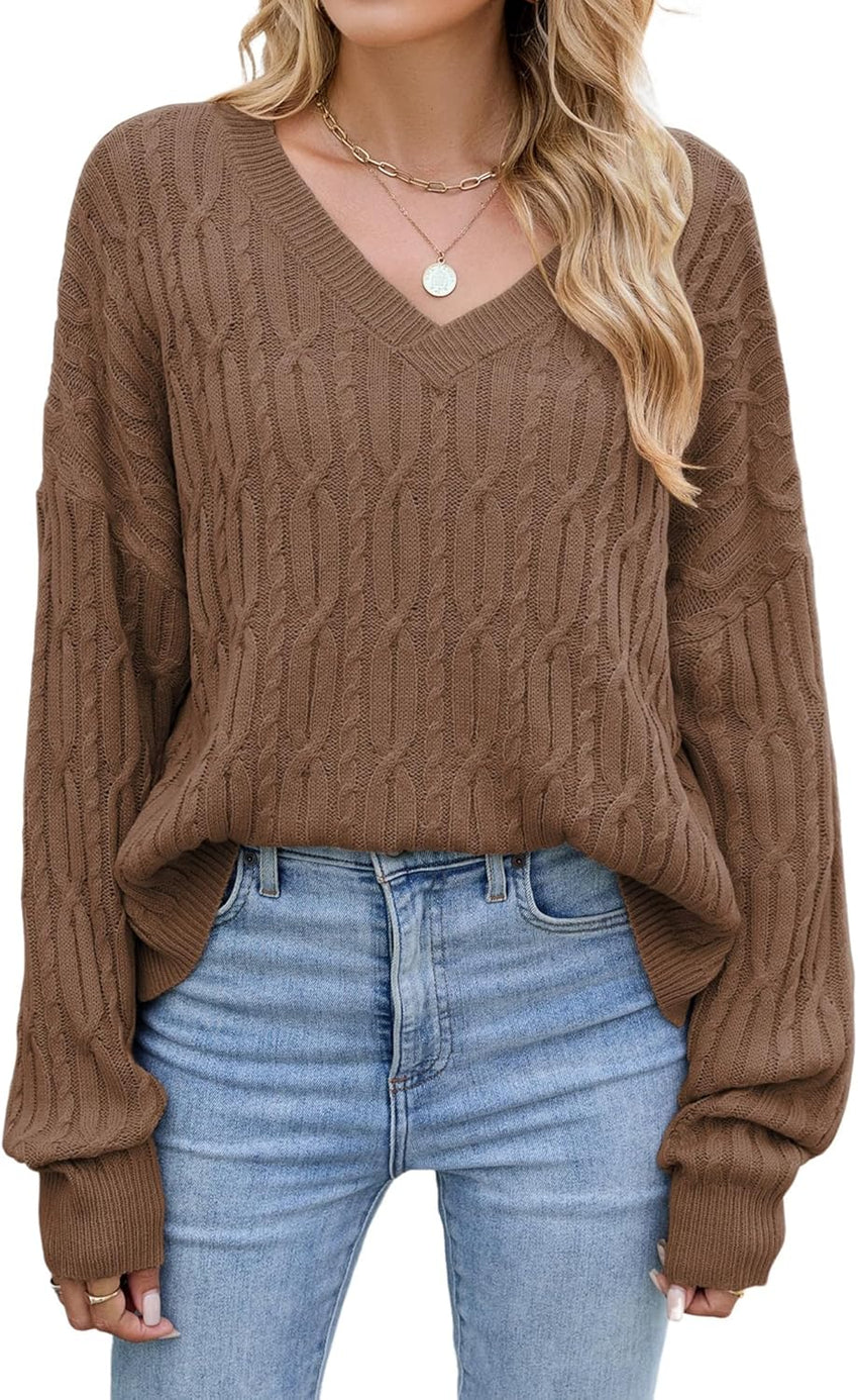 ZAFUL Womens Fall Oversized Sweaters Lightweight 2025 Cable Knit V Neck Long Sleeve Casual Loose Winter Pullover Tops - 7DAY'S