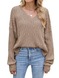 ZAFUL Womens Fall Oversized Sweaters Lightweight 2025 Cable Knit V Neck Long Sleeve Casual Loose Winter Pullover Tops - 7DAY'S