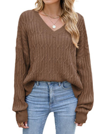 ZAFUL Womens Fall Oversized Sweaters Lightweight 2025 Cable Knit V Neck Long Sleeve Casual Loose Winter Pullover Tops - 7DAY'S