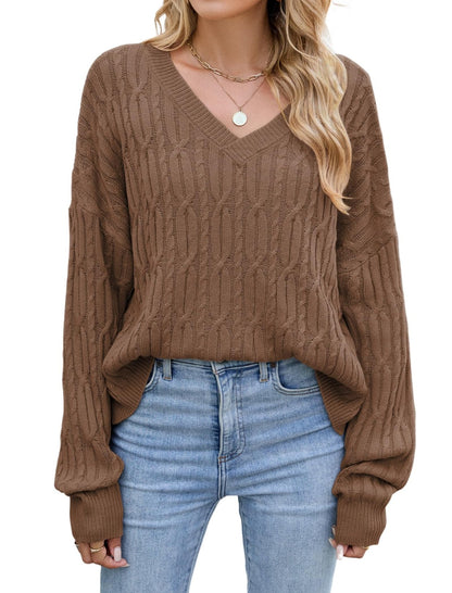ZAFUL Womens Fall Oversized Sweaters Lightweight 2025 Cable Knit V Neck Long Sleeve Casual Loose Winter Pullover Tops - 7DAY'S