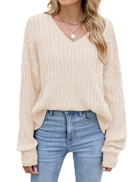 ZAFUL Womens Fall Oversized Sweaters Lightweight 2025 Cable Knit V Neck Long Sleeve Casual Loose Winter Pullover Tops - 7DAY'S