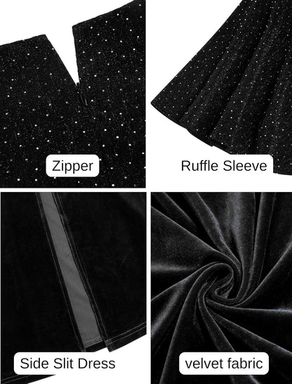 ZAFUL Women's Formal Prom Dress Shimmery Sequin Half Ruffle Sleeve V Neck Long Wedding Guest Dresses Trendy High Split Formal Evening Cocktail Party Dress(Black,M) - 7DAY'S