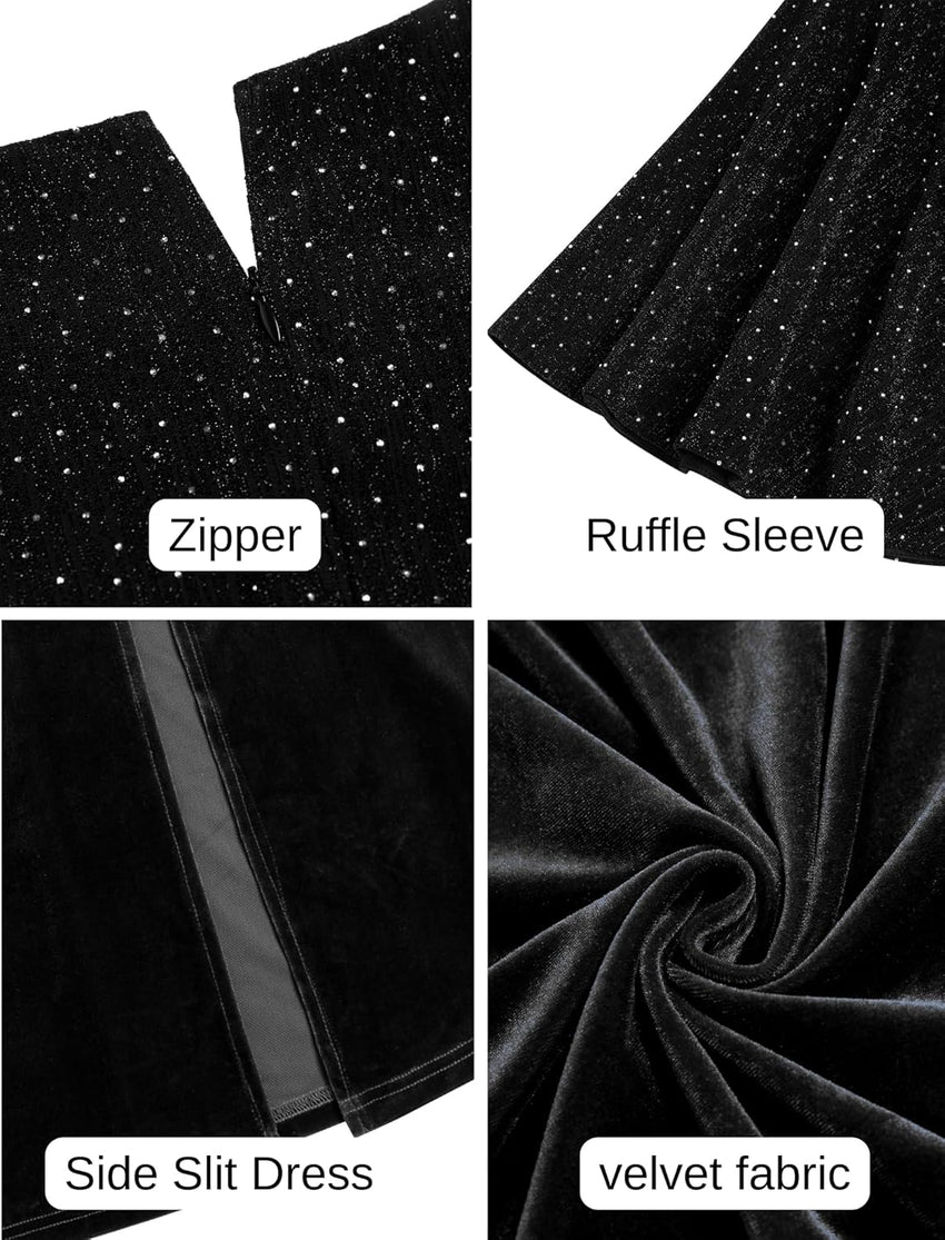 ZAFUL Women's Formal Prom Dress Shimmery Sequin Half Ruffle Sleeve V Neck Long Wedding Guest Dresses Trendy High Split Formal Evening Cocktail Party Dress(Black,M) - 7DAY'S
