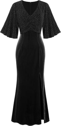ZAFUL Women's Formal Prom Dress Shimmery Sequin Half Ruffle Sleeve V Neck Long Wedding Guest Dresses Trendy High Split Formal Evening Cocktail Party Dress(Black,M) - 7DAY'S