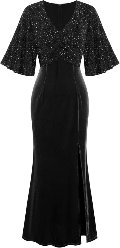 ZAFUL Women's Formal Prom Dress Shimmery Sequin Half Ruffle Sleeve V Neck Long Wedding Guest Dresses Trendy High Split Formal Evening Cocktail Party Dress(Black,M) - 7DAY'S
