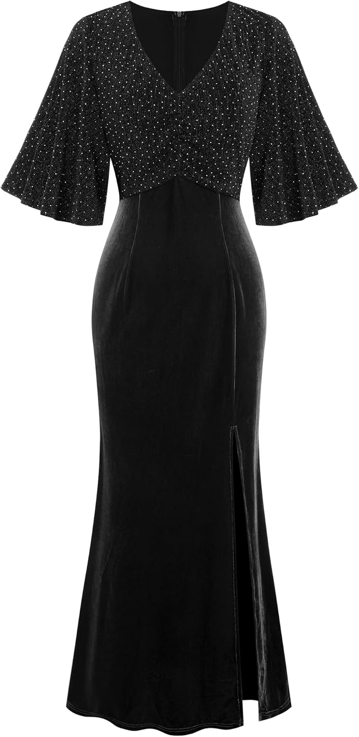 ZAFUL Women's Formal Prom Dress Shimmery Sequin Half Ruffle Sleeve V Neck Long Wedding Guest Dresses Trendy High Split Formal Evening Cocktail Party Dress(Black,M) - 7DAY'S