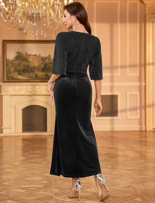 ZAFUL Women's Formal Prom Dress Shimmery Sequin Half Ruffle Sleeve V Neck Long Wedding Guest Dresses Trendy High Split Formal Evening Cocktail Party Dress(Black,M) - 7DAY'S