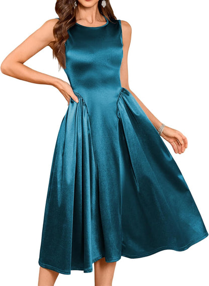 ZAFUL Womens Formal Wedding Guest Dress Elegant Satin A Line Cocktail Club Party Dress Trendy Sleeveless Graduation Prom Midi Dress(Lake Blue,S) - 7DAY'S