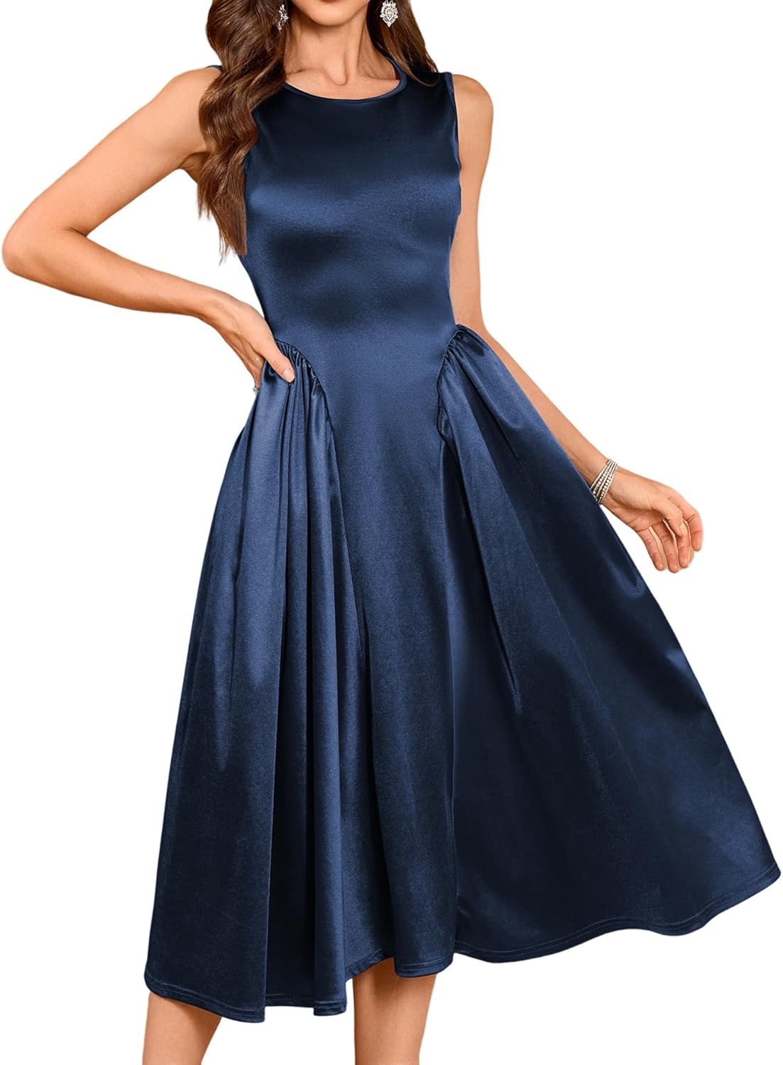 ZAFUL Womens Formal Wedding Guest Dress Elegant Satin A Line Cocktail Club Party Dress Trendy Sleeveless Graduation Prom Midi Dress(Navy Blue,S) - 7DAY'S
