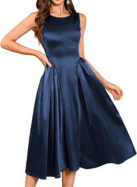 ZAFUL Womens Formal Wedding Guest Dress Elegant Satin A Line Cocktail Club Party Dress Trendy Sleeveless Graduation Prom Midi Dress(Navy Blue,S) - 7DAY'S