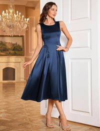 ZAFUL Womens Formal Wedding Guest Dress Elegant Satin A Line Cocktail Club Party Dress Trendy Sleeveless Graduation Prom Midi Dress(Navy Blue,S) - 7DAY'S
