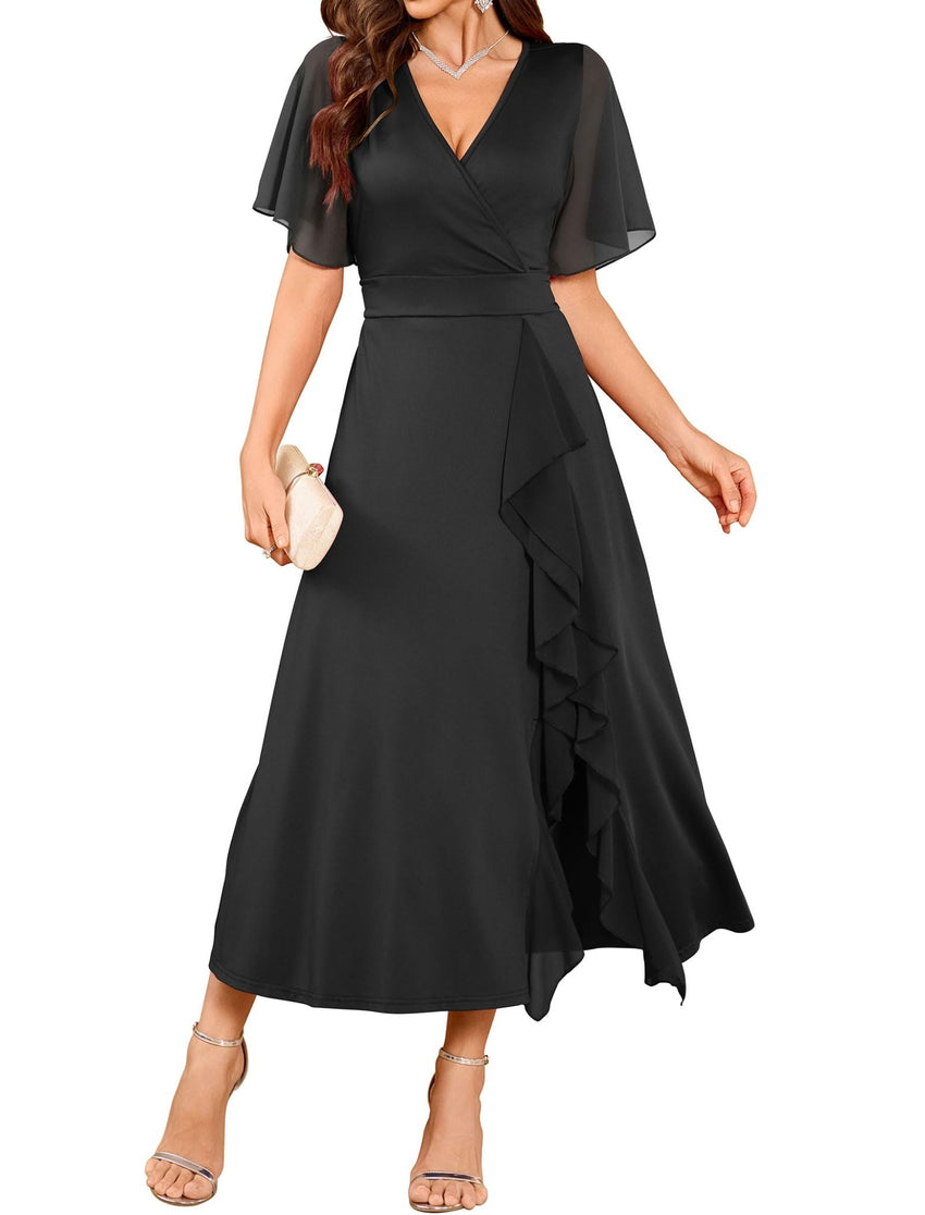 ZAFUL Womens Formal Wedding Guest Dresses V Neck Flared Sleeve Evening Party Cocktail Dress Split Ruffle Long Gown 2025 - 7DAY'S