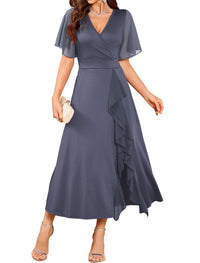 ZAFUL Womens Formal Wedding Guest Dresses V Neck Flared Sleeve Evening Party Cocktail Dress Split Ruffle Long Gown 2025 - 7DAY'S