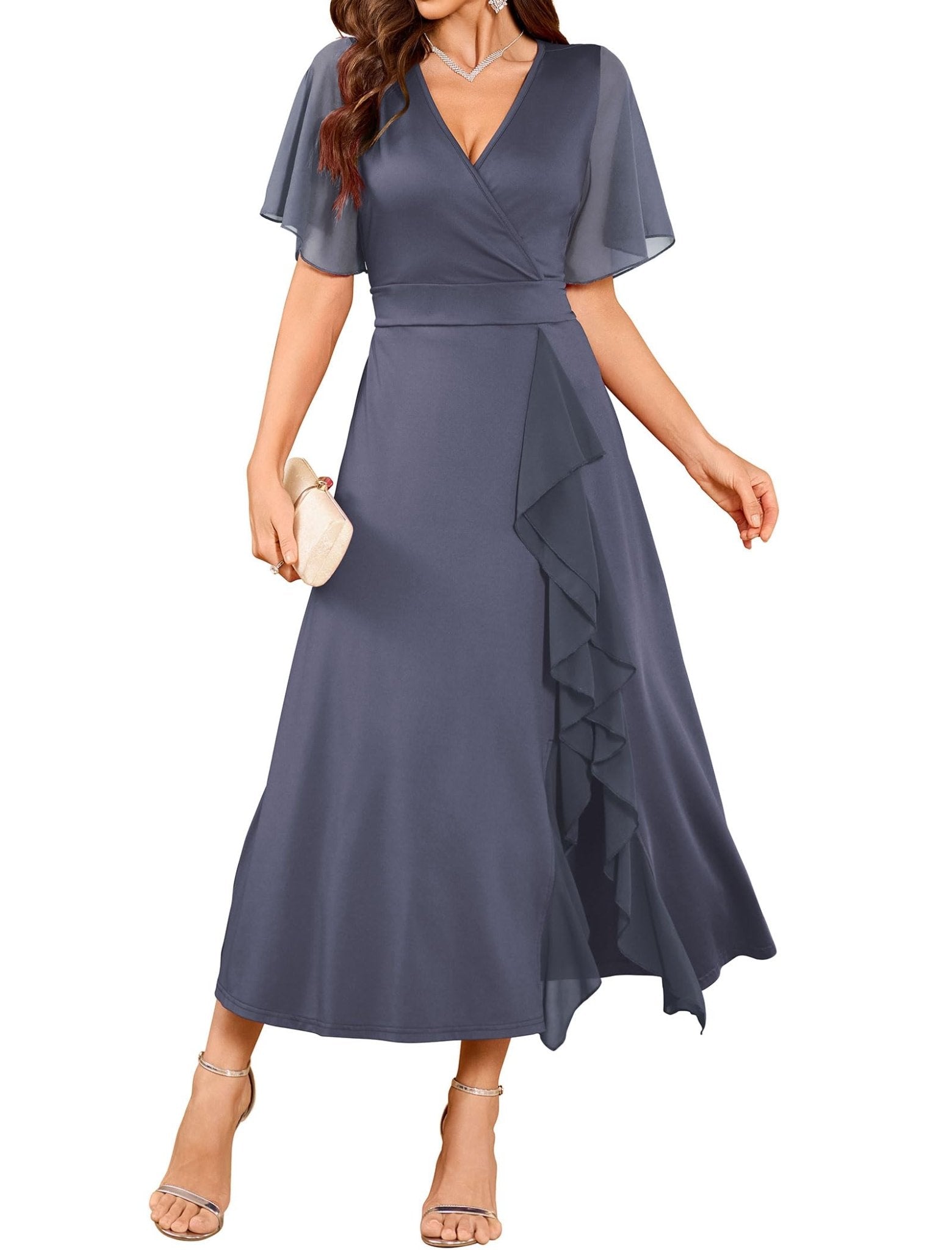 ZAFUL Womens Formal Wedding Guest Dresses V Neck Flared Sleeve Evening Party Cocktail Dress Split Ruffle Long Gown 2025 - 7DAY'S