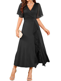 ZAFUL Womens Formal Wedding Guest Dresses V Neck Flared Sleeve Evening Party Cocktail Dress Split Ruffle Long Gown 2025 - 7DAY'S