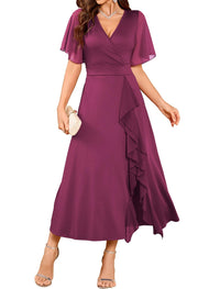 ZAFUL Womens Formal Wedding Guest Dresses V Neck Flared Sleeve Evening Party Cocktail Dress Split Ruffle Long Gown 2025 - 7DAY'S