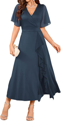 ZAFUL Womens Formal Wedding Guest Dresses V Neck Flared Sleeve Evening Party Cocktail Dress Split Ruffle Long Gown 2025 - 7DAY'S