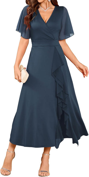 ZAFUL Womens Formal Wedding Guest Dresses V Neck Flared Sleeve Evening Party Cocktail Dress Split Ruffle Long Gown 2025