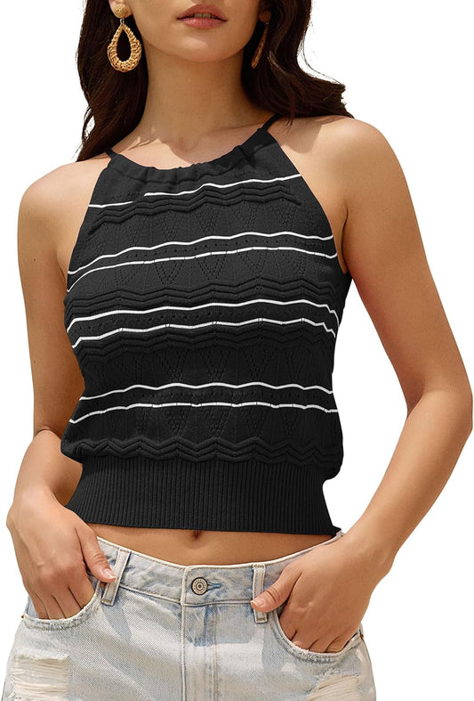 ZAFUL Womens Halter Crochet Tops Backless Sleeveless Hollow Out Summer Sweater Striped Camisole Tank Crop Top - 7DAY'S