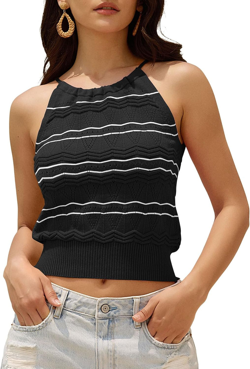 ZAFUL Womens Halter Crochet Tops Backless Sleeveless Hollow Out Summer Sweater Striped Camisole Tank Crop Top - 7DAY'S