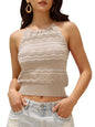 ZAFUL Womens Halter Crochet Tops Backless Sleeveless Hollow Out Summer Sweater Striped Camisole Tank Crop Top - 7DAY'S