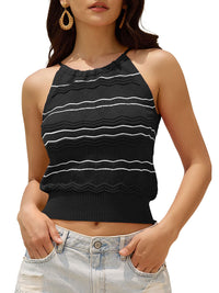 ZAFUL Womens Halter Crochet Tops Backless Sleeveless Hollow Out Summer Sweater Striped Camisole Tank Crop Top - 7DAY'S