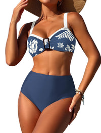 ZAFUL Womens High Waisted Bikini Sets 2 Piece Retro Floral Tummy Control Bathing Suit Push Up Color Block Swimsuits - 7DAY'S