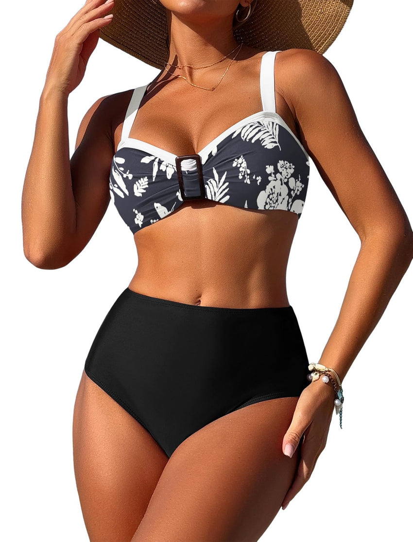 ZAFUL Womens High Waisted Bikini Sets 2 Piece Retro Floral Tummy Control Bathing Suit Push Up Color Block Swimsuits - 7DAY'S