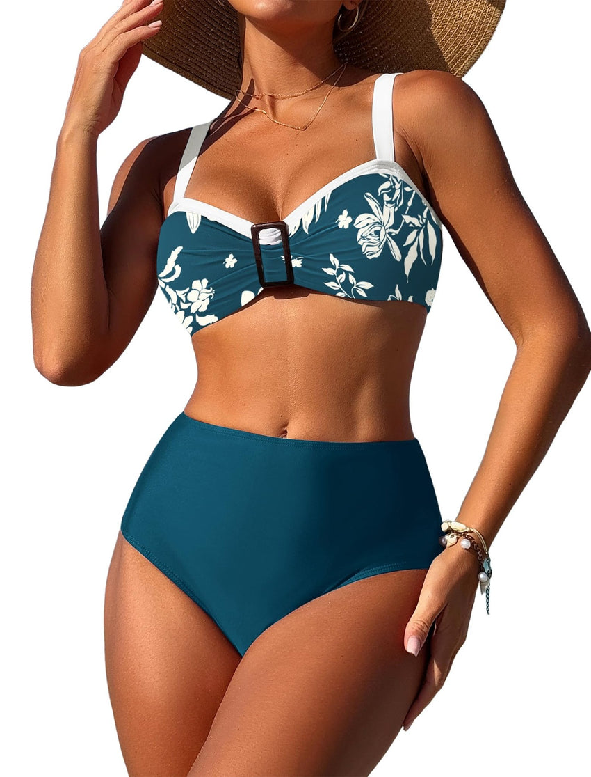 ZAFUL Womens High Waisted Bikini Sets 2 Piece Retro Floral Tummy Control Bathing Suit Push Up Color Block Swimsuits - 7DAY'S