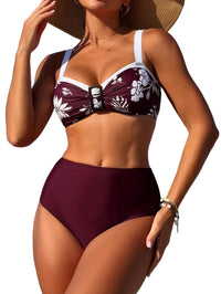 ZAFUL Womens High Waisted Bikini Sets 2 Piece Retro Floral Tummy Control Bathing Suit Push Up Color Block Swimsuits - 7DAY'S