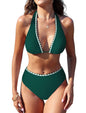 ZAFUL Womens High Waisted Bikini Sets Halter Floral Shell Stitch 2 Piece Swimsuits V Neck Tummy Control Bathing Suits - 7DAY'S