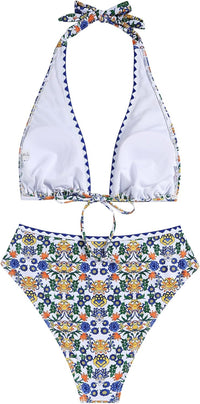 ZAFUL Womens High Waisted Bikini Sets Halter Floral Shell Stitch 2 Piece Swimsuits V Neck Tummy Control Bathing Suits - 7DAY'S