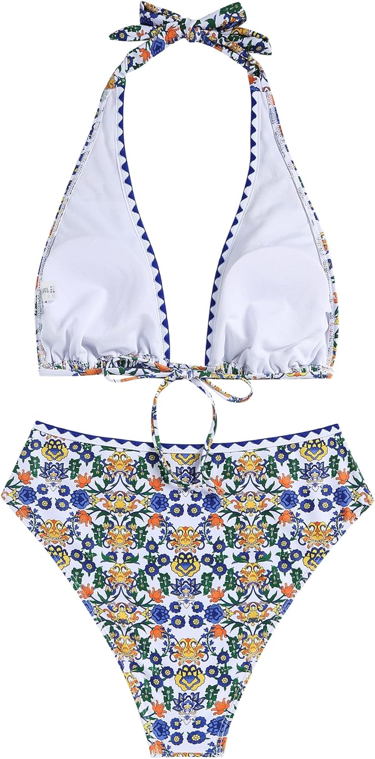ZAFUL Womens High Waisted Bikini Sets Halter Floral Shell Stitch 2 Piece Swimsuits V Neck Tummy Control Bathing Suits - 7DAY'S