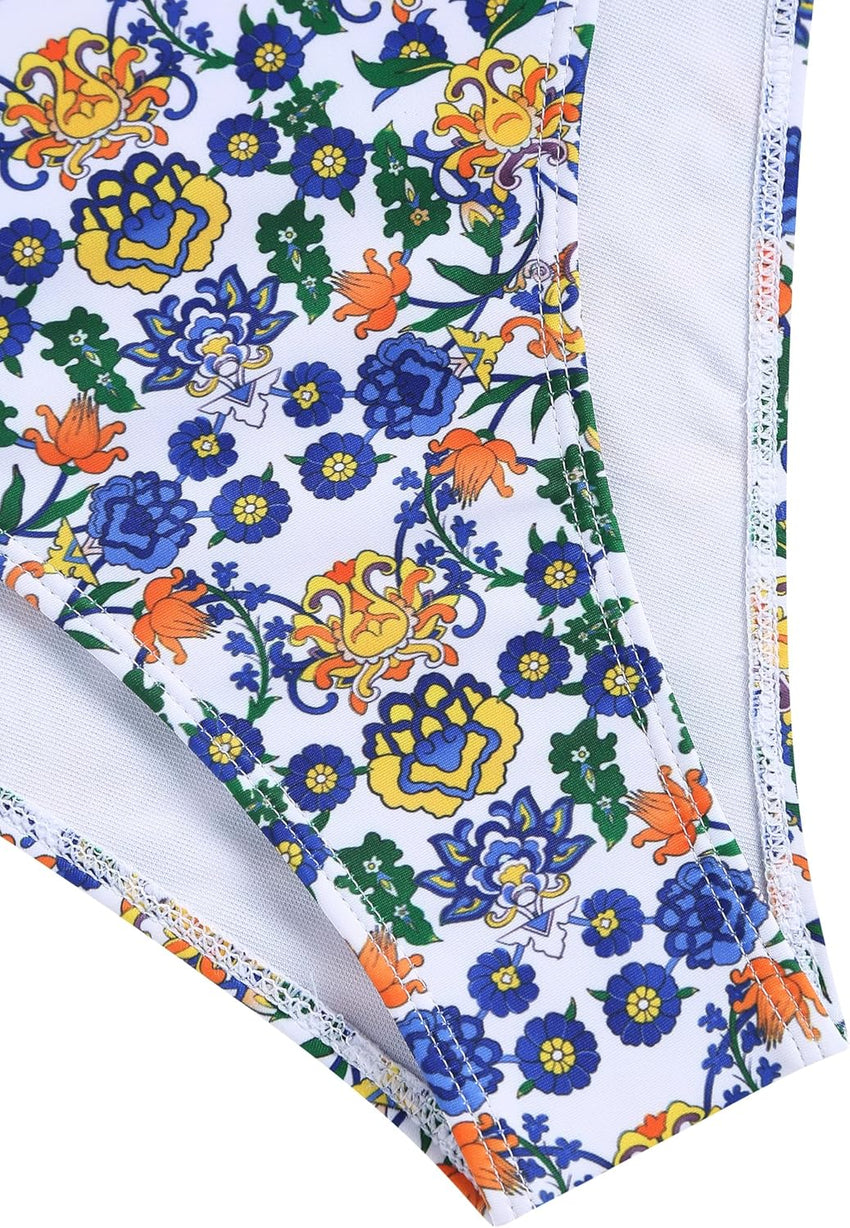 ZAFUL Womens High Waisted Bikini Sets Halter Floral Shell Stitch 2 Piece Swimsuits V Neck Tummy Control Bathing Suits - 7DAY'S