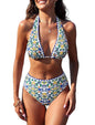 ZAFUL Womens High Waisted Bikini Sets Halter Floral Shell Stitch 2 Piece Swimsuits V Neck Tummy Control Bathing Suits - 7DAY'S