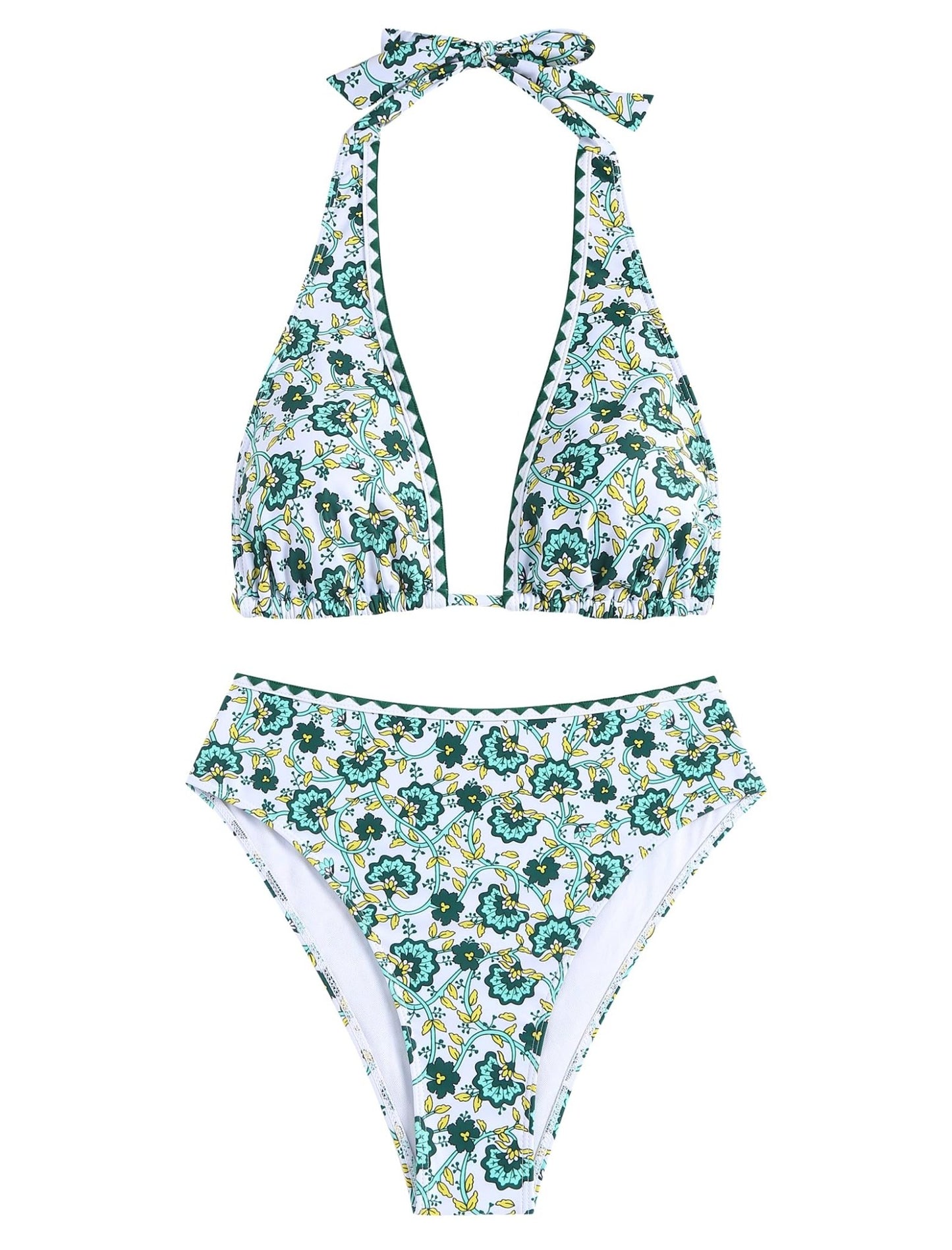 ZAFUL Womens High Waisted Bikini Sets Halter Floral Shell Stitch 2 Piece Swimsuits V Neck Tummy Control Bathing Suits - 7DAY'S