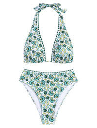 ZAFUL Womens High Waisted Bikini Sets Halter Floral Shell Stitch 2 Piece Swimsuits V Neck Tummy Control Bathing Suits - 7DAY'S