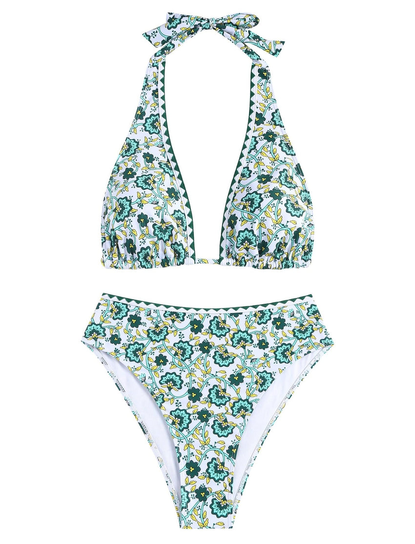 ZAFUL Womens High Waisted Bikini Sets Halter Floral Shell Stitch 2 Piece Swimsuits V Neck Tummy Control Bathing Suits - 7DAY'S